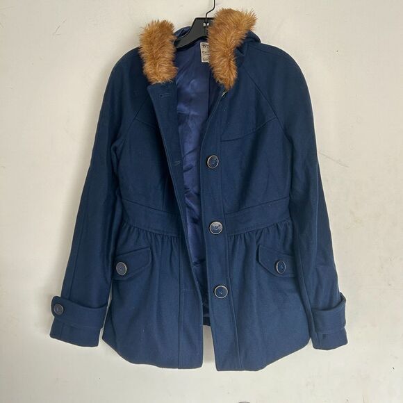 Tulle Anthropologie Wool Brown Faux Fur Trim Hood Long Blue Coat Size Medium - Picture 12 of 12